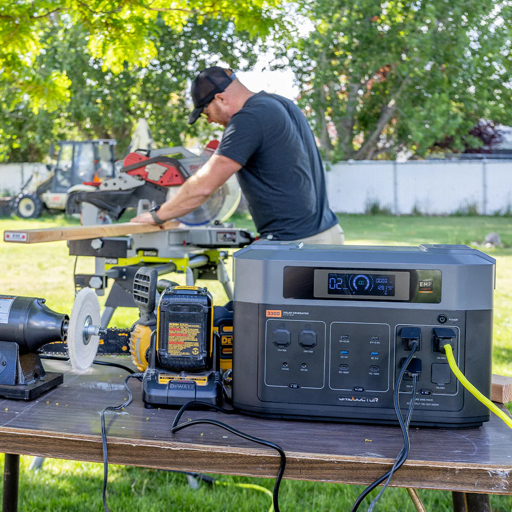Grid Doctor 3300 EMP being used to power various powertools outdoors.