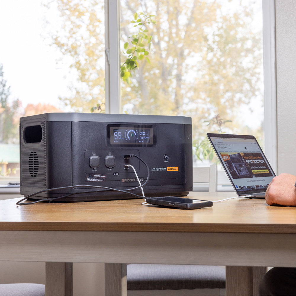 Grid Doctor 3300XP Unit on a table with a laptop and phone plugged in