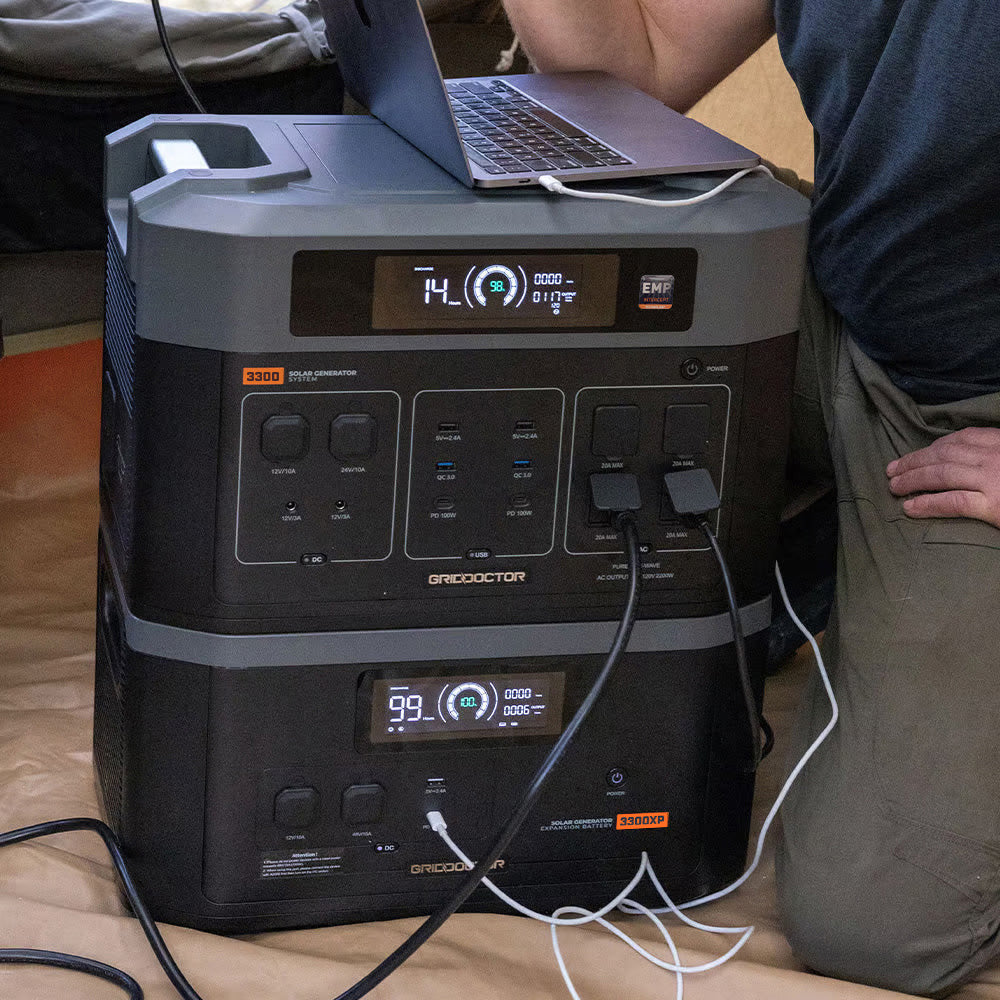 Grid Doctor 3300XP Units stacked with laptop plugged in.