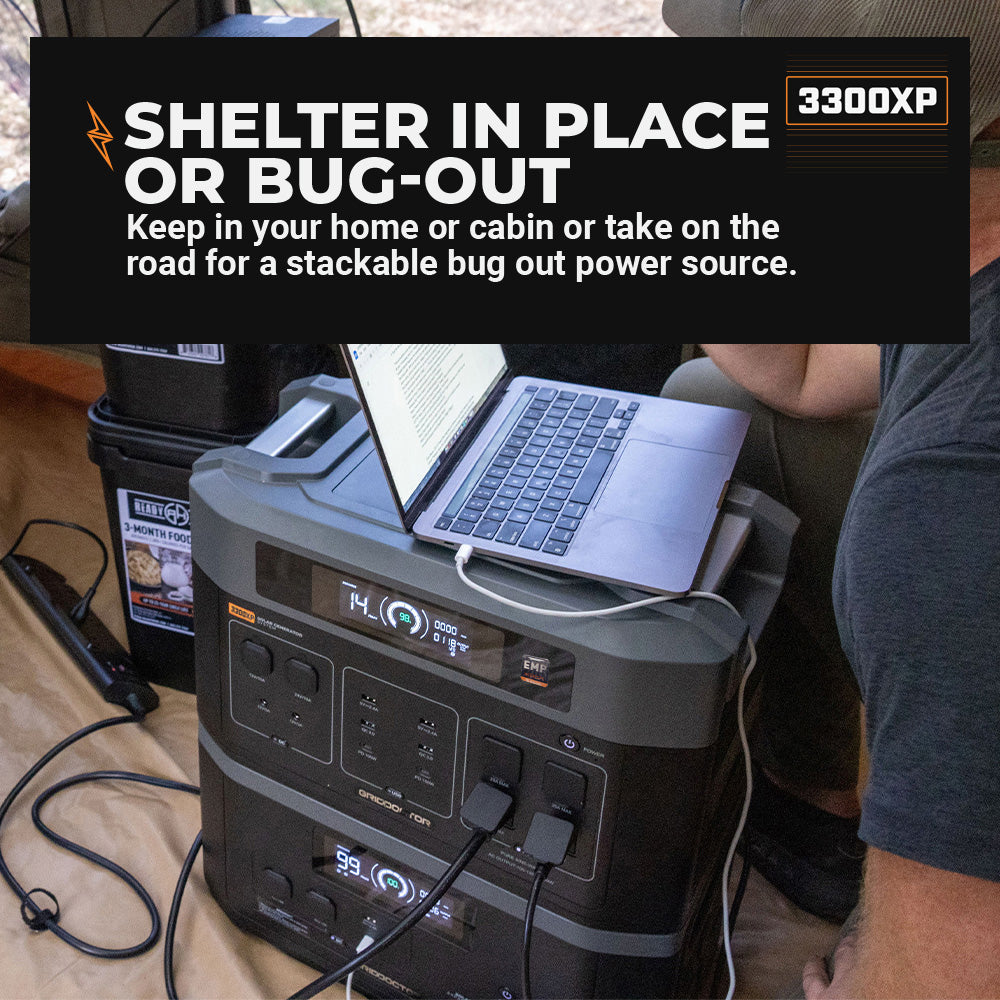 Grid Doctor 3300XP with laptop plugged in. Text read, SHELTER IN PLACE OR BUG-OUT Keep in your home or cabin or take on the road for a stackable bug out power source.