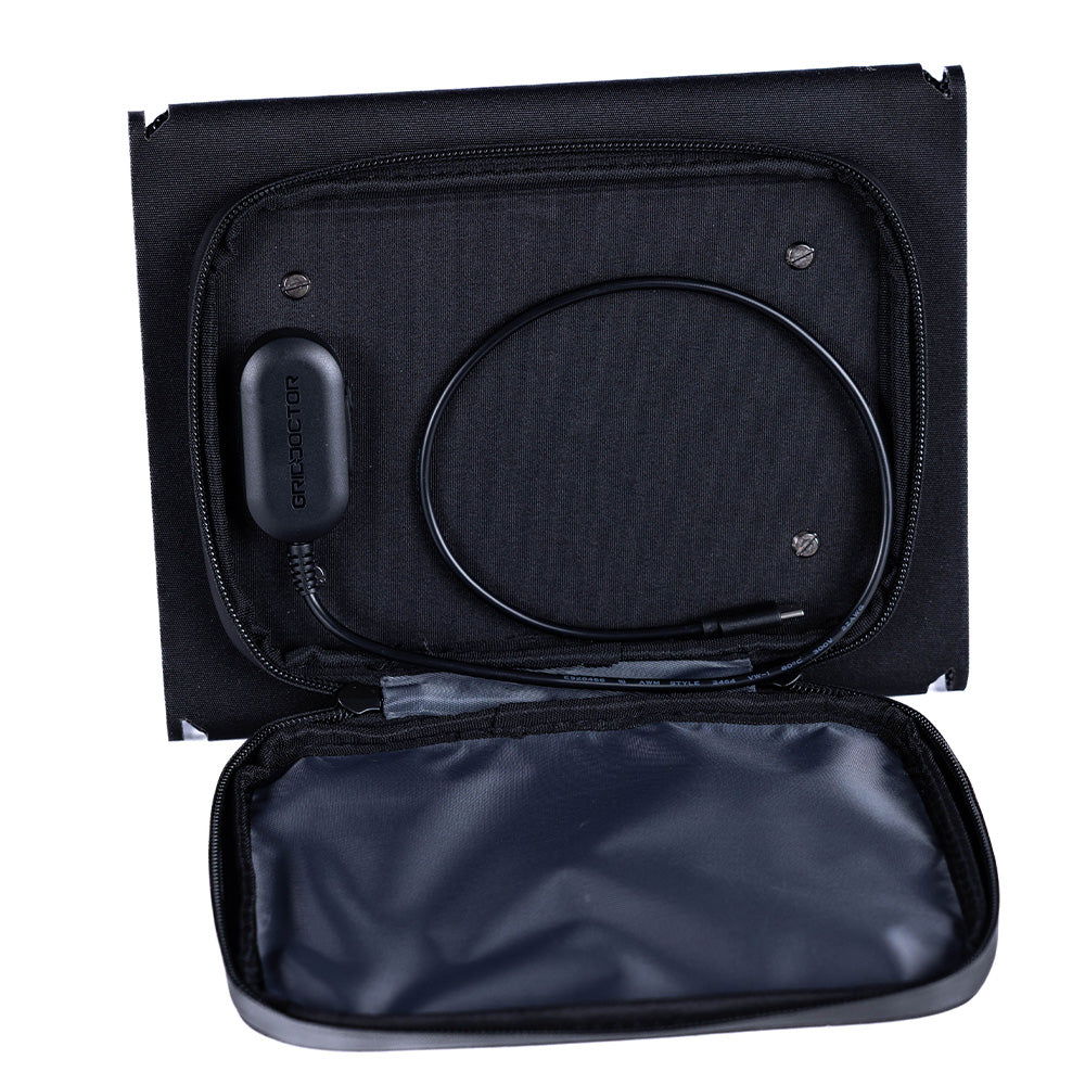 Inside pouch connected to solar panel