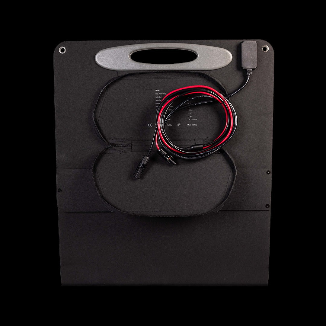 200W Solar Panel showing cables stored in pouch