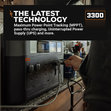 An infographic showing the Grid Doctor 3300 EMP being plugged in on a kithen counter to a refrigerator. 