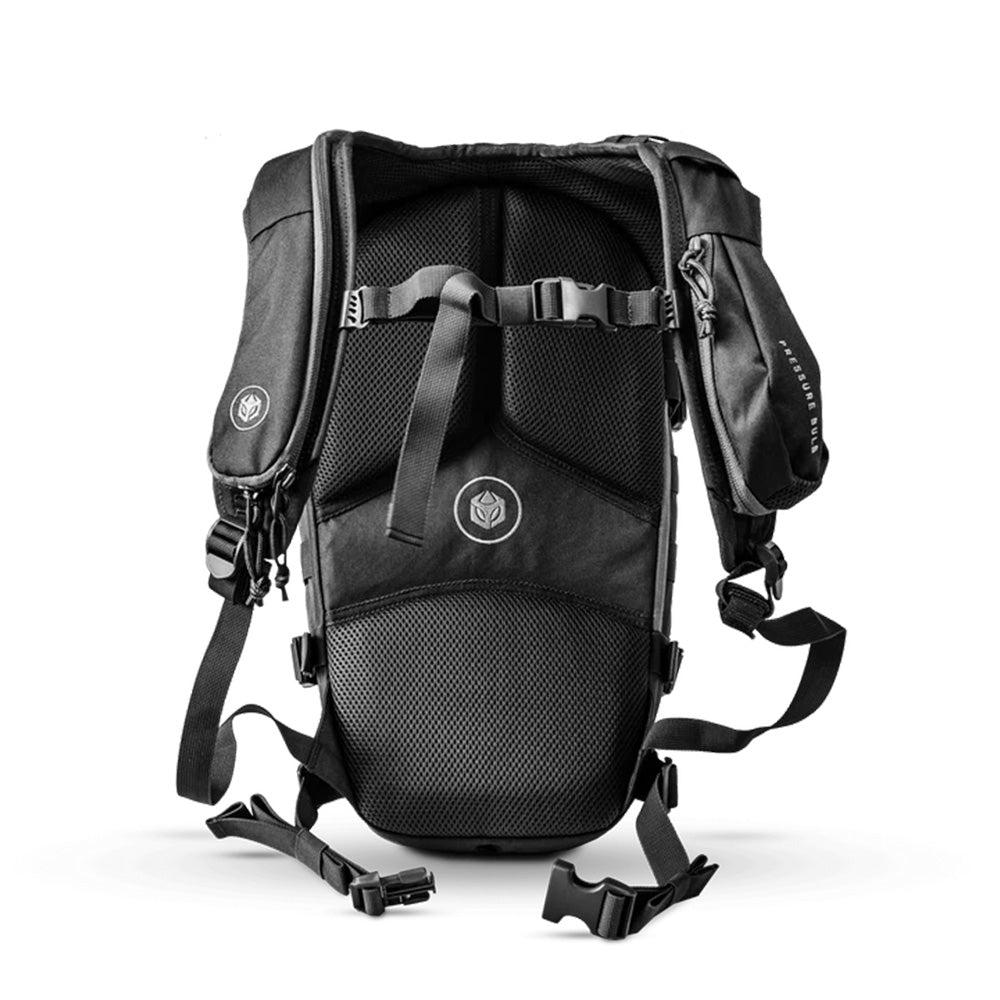 Rear view of Aquamira RIG 700 tactical hydration pack showing padded back panel and adjustable harness