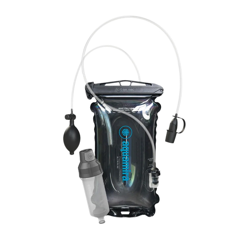 Aquamira 2L pressurized filtration reservoir with Frontier Max housing and hydration tube system
