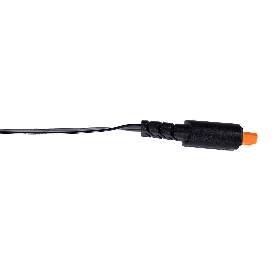 Black cable connector with orange end on a white background