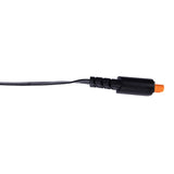 Black cable connector with orange end on a white background
